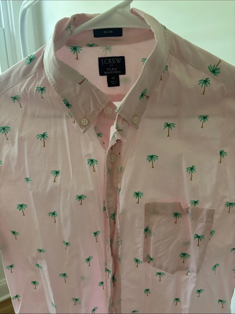 J. Crew Pink Short-Sleeve Button-Down with Green Palm Print